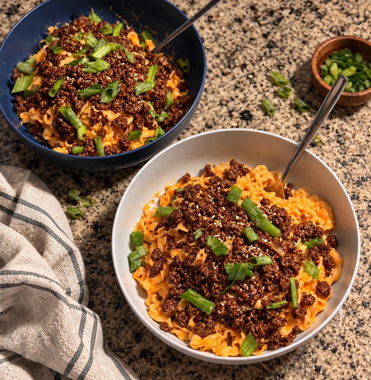 Creamy Gochujang Noodles with Crispy Sesame Beef