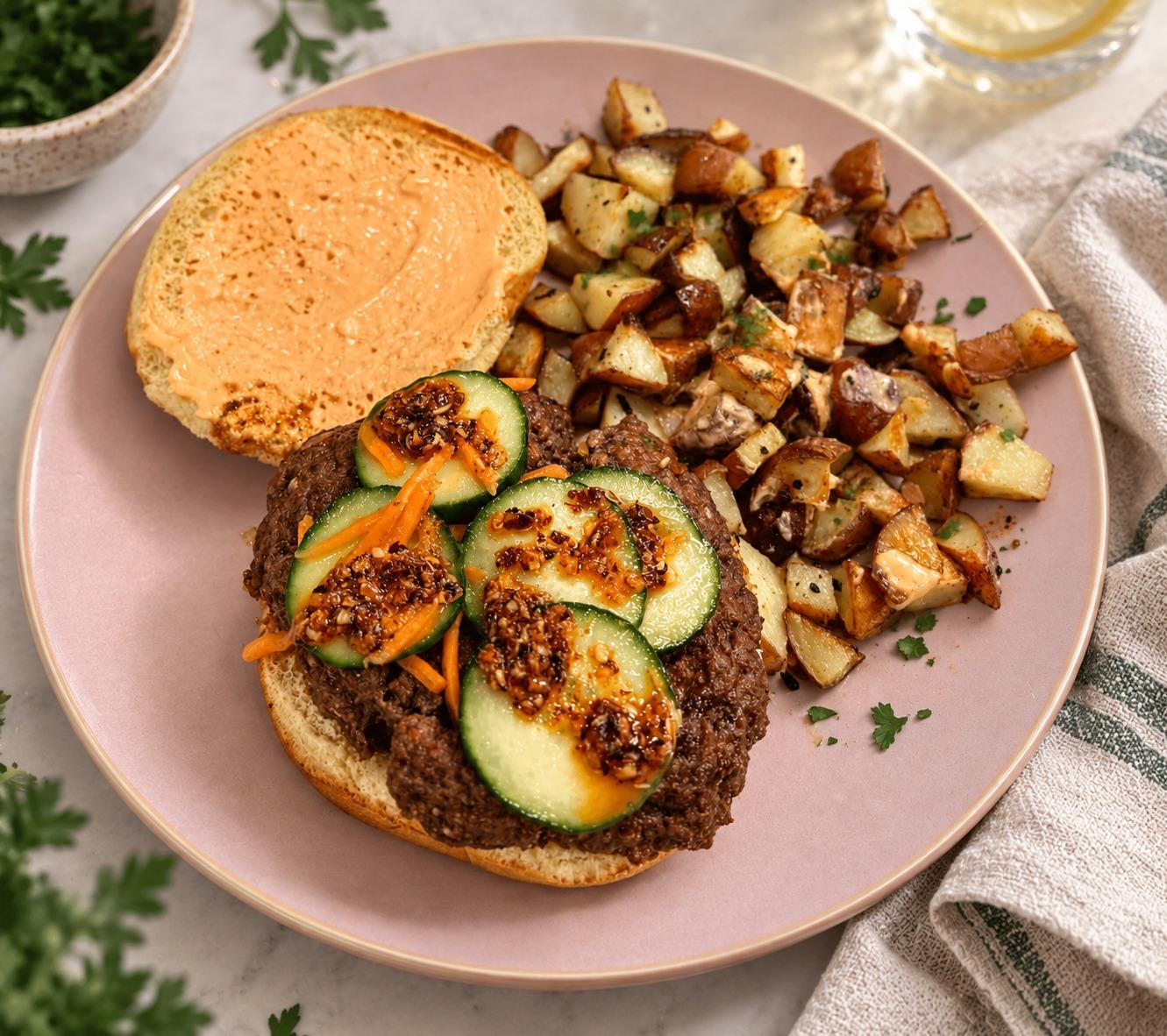 Korean Beef Burgers + Crispy Furikake Potatoes